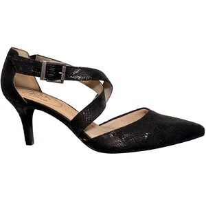 LifeStride See This Black Snakeskin Pumps Pointed Toe Ankle Strap Heels 11M
